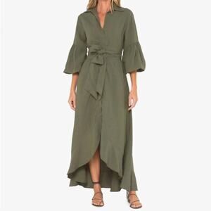 Just Bee Queen Lona olive green midi linen blend dress size large